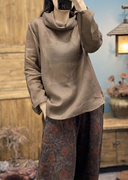 Loose Coffee Turtle Neck Linen Top Long Sleeve