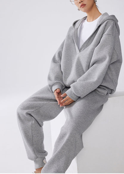 Grey Hooded Cotton Pullover Sweatshirt Two Pieces Set Fall