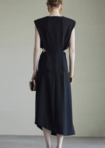 Black Hollow Out Side Open Cotton Long Dress Summer