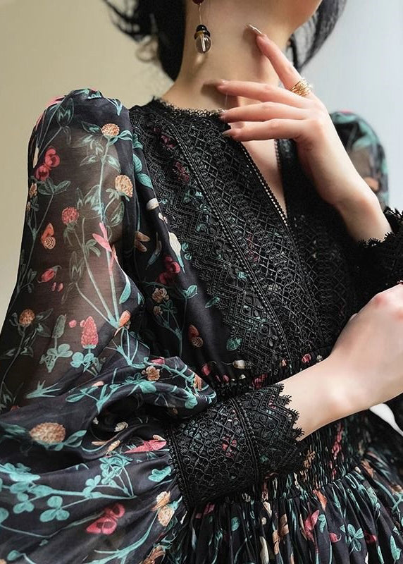 Black V Neck Print Lace Patchwork Chiffon Short Dress Long Sleeve Fall