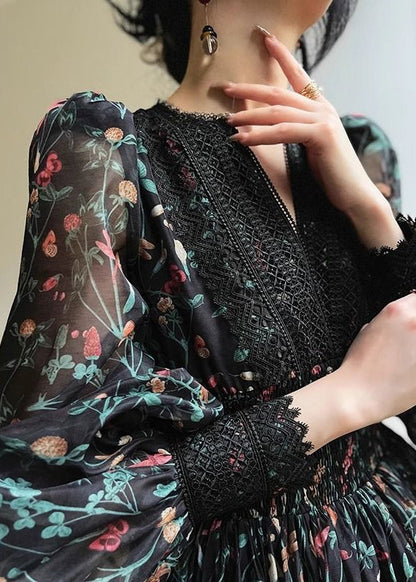 Black V Neck Print Lace Patchwork Chiffon Short Dress Long Sleeve Fall