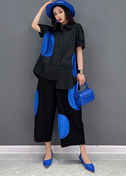 French Black Asymmetrical Dot Applique Cotton Shirt and Crop Pant Two-piece Set Summer