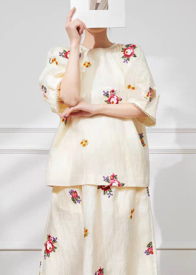 Light Yellow Print Top and Maxi Skirts Two Pieces Set Short Sleeve