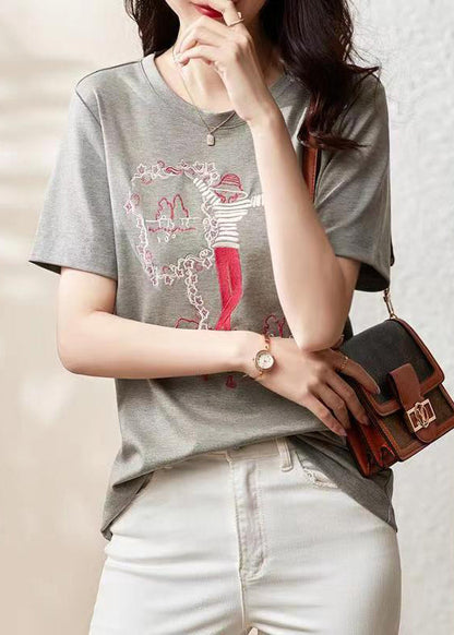 Grey O Neck Embroideried Patchwork Cotton T Shirt Summer