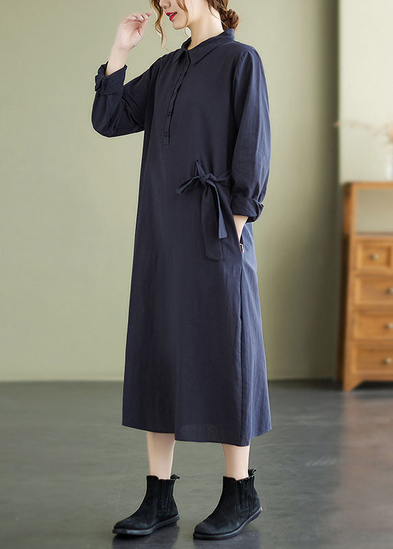 Navy Tie Waist Cotton Vacation Dresses Long Sleeve