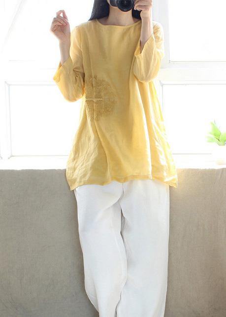Organic Yellow Embroidery Tunic O Neck Sleeveless Art Shirts