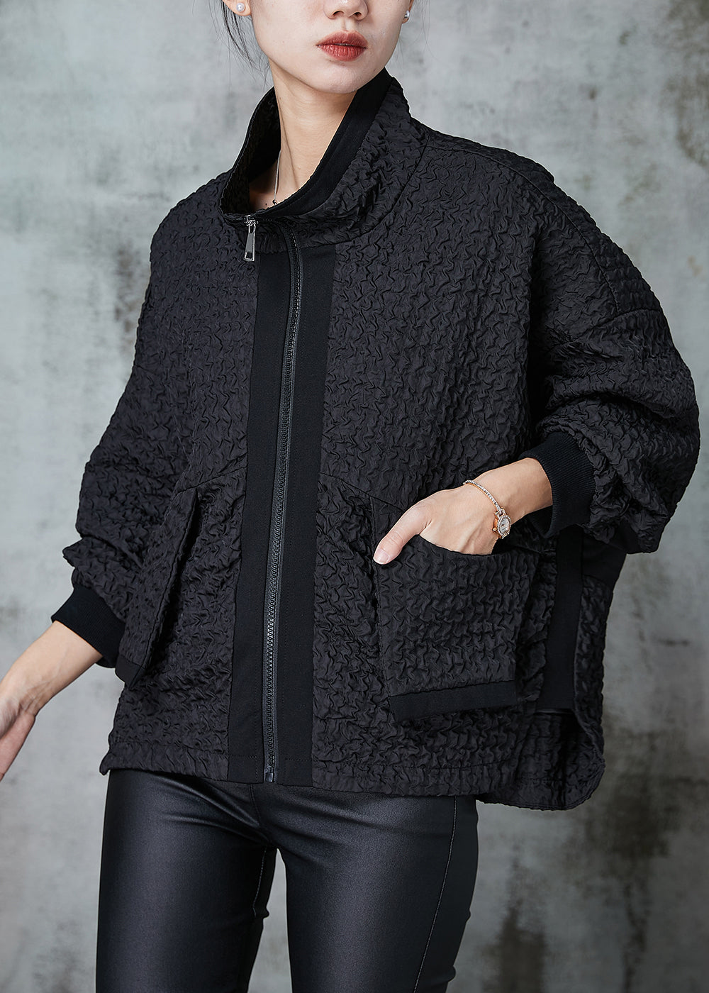 Black Zip Up Wrinkled Cotton Coat Outwear Spring