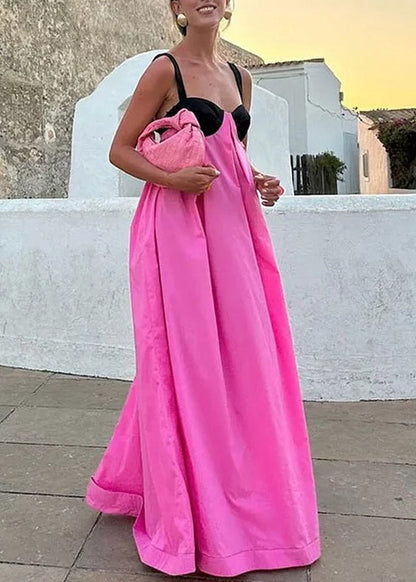 New Pink Patchwork Backless Sleeveless Suspender Dress