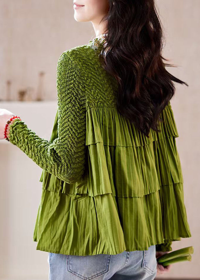 Green O Neck Wrinkled Patchwork Chiffon Top Long Sleeve