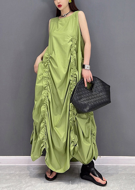 Green O-neck Wrinkled Pockets Chiffon Dresses Sleeveless