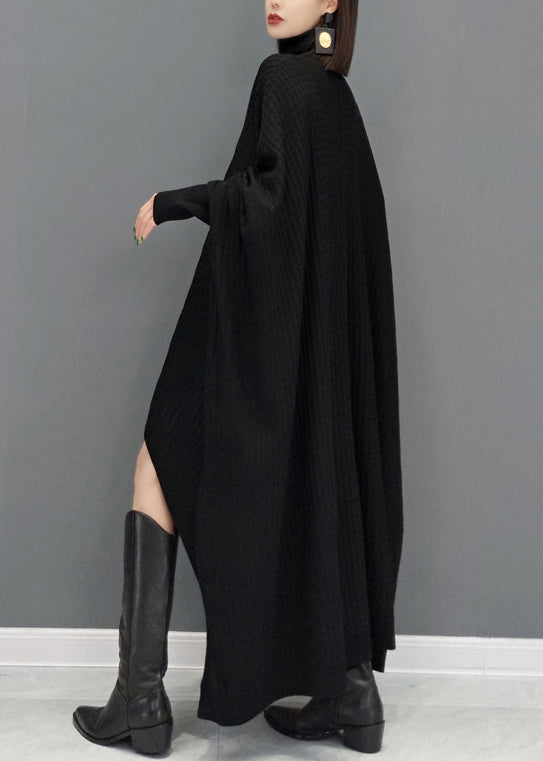Black Patchwork Knit Sweater Dress Hign Neck Fall