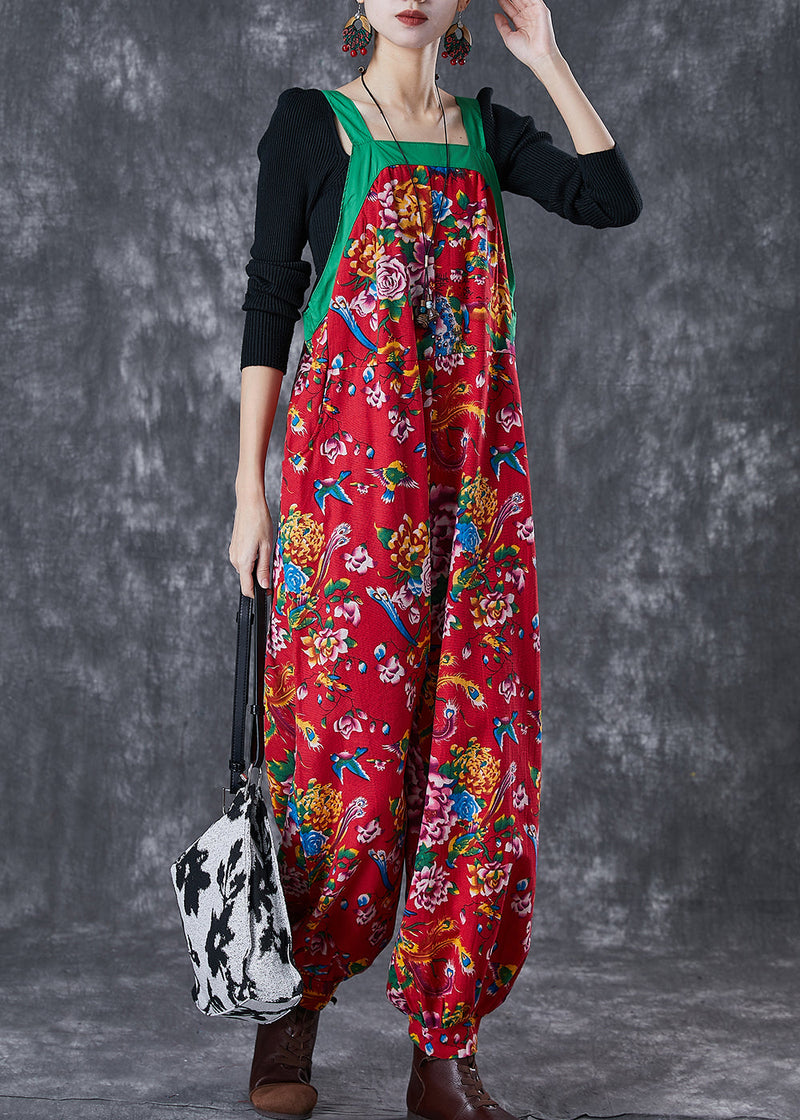 Red Print Cotton Overalls Jumpsuit Wear on Both Sides Fall