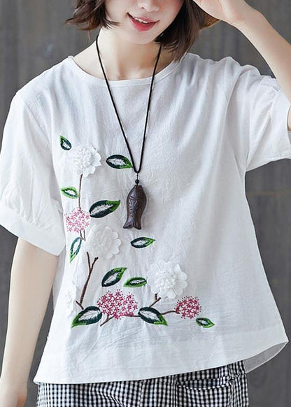 Loose White Embroideried Cotton Linen Tees Summer
