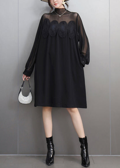 Black Lace Pockets Tulle Patchwork Dresses Fall
