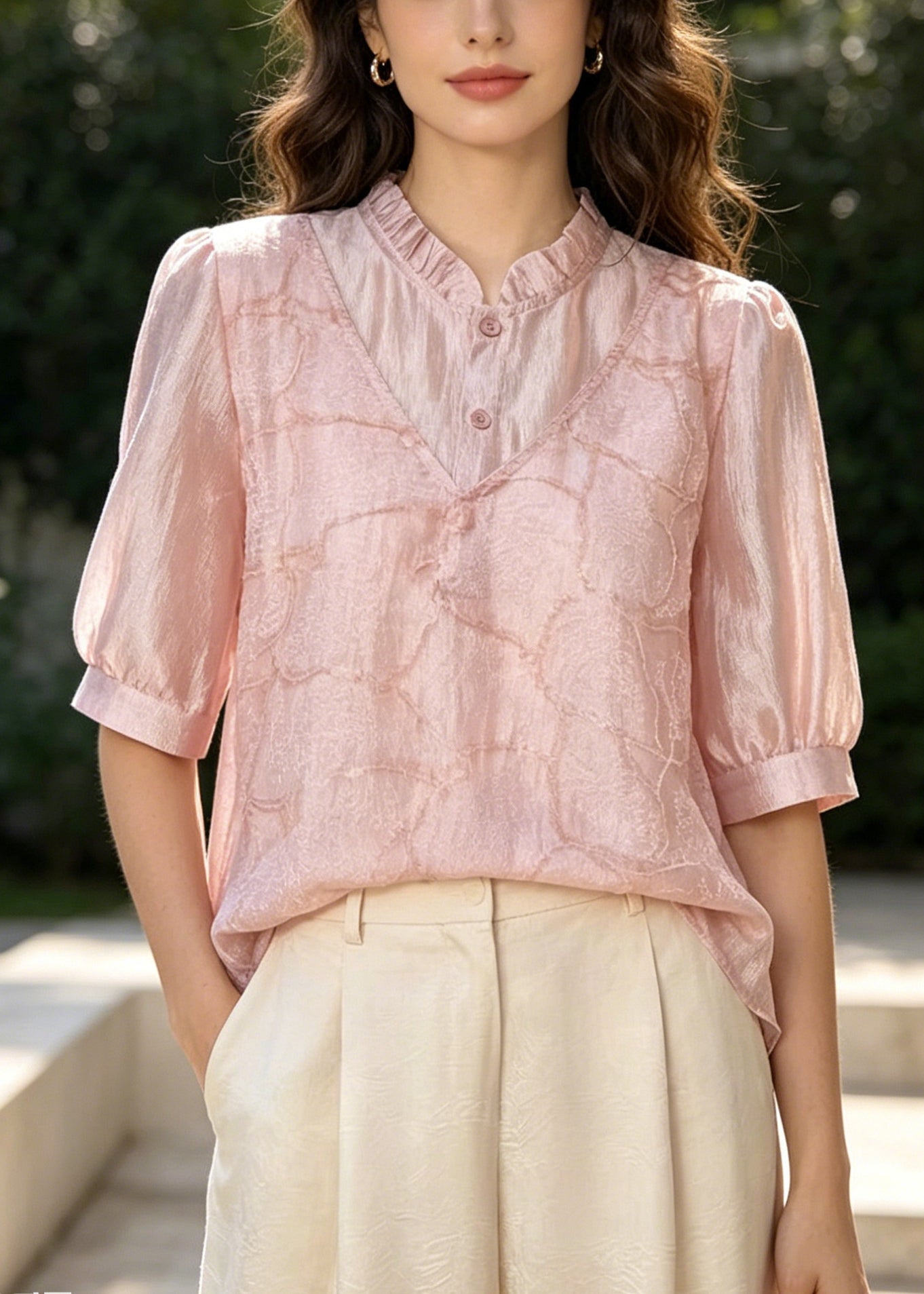 Style Pink Embroidered U Neck Silk Fake Two Piece Shirt Top Summer