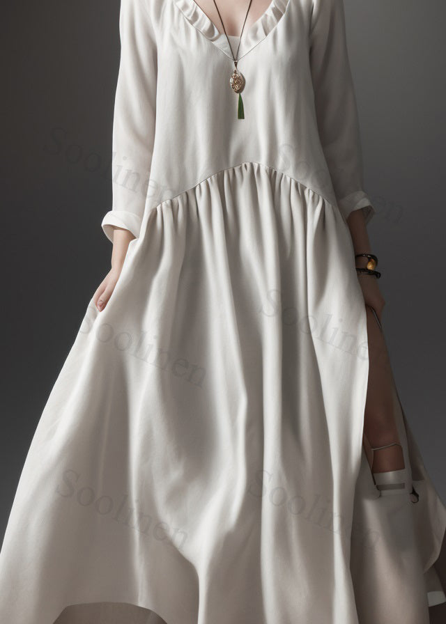 Beige V Neck Wrinkled Patchwork Silk Maxi Dress Summer