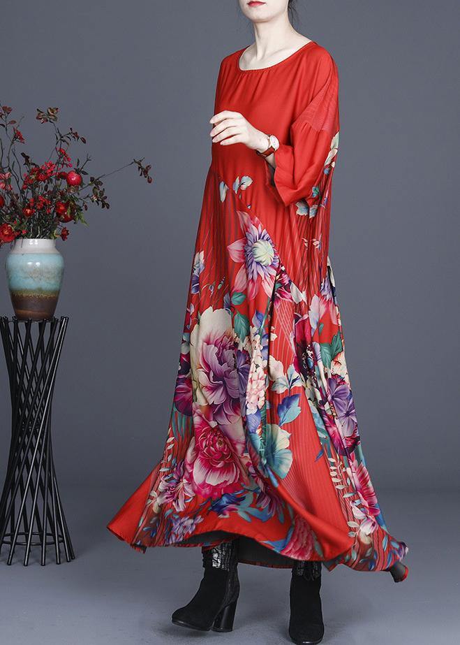 Fine Red Print O-neck Long Silk Dress Summer