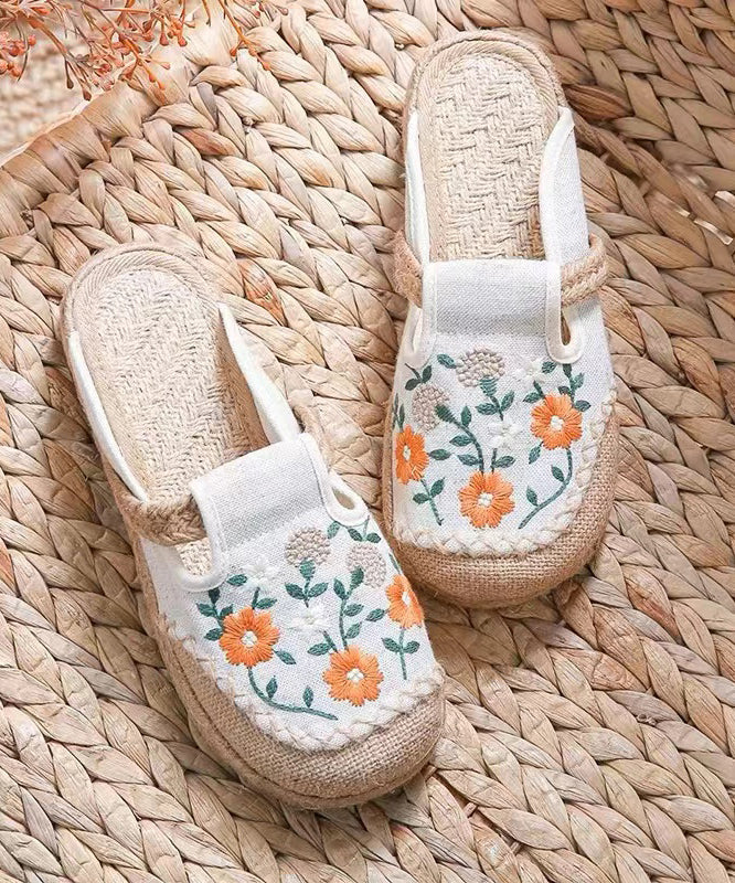 Retro Black Linen Fabric Embroidery Slide Sandals