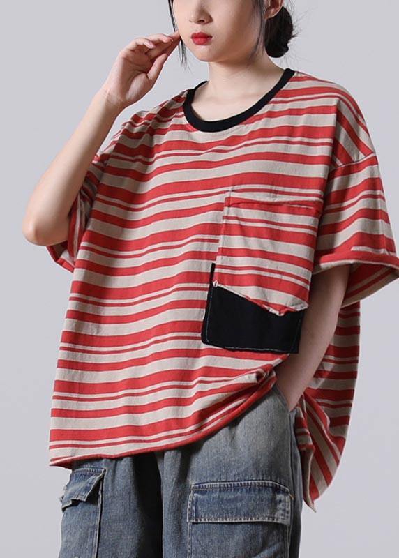 Stylish Red Striped O-neck Cotton Summer Tops