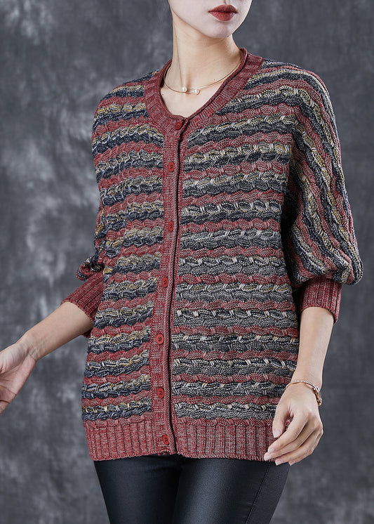 Brick Red Oversized Striped Knit Cardigans Spring