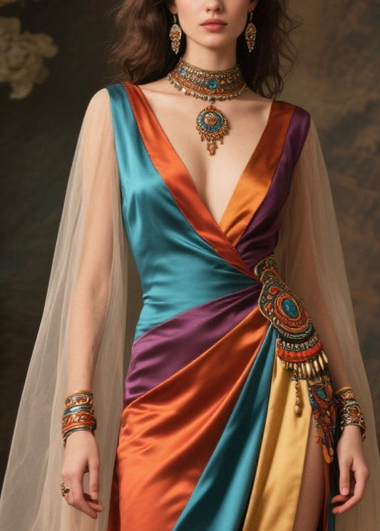Mixed Color Deep-v Neck Patchwork Exra Large Hem Dresses Summer
