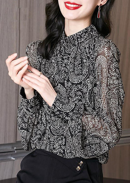 Black Stand Collar Print Chiffon Blouses Long Sleeve
