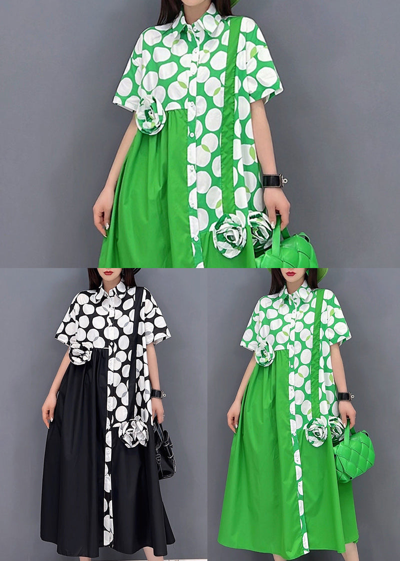 Black Oversized Cotton Shirt Dress Patchwork Wrinkled Dot Print Short Sleeve