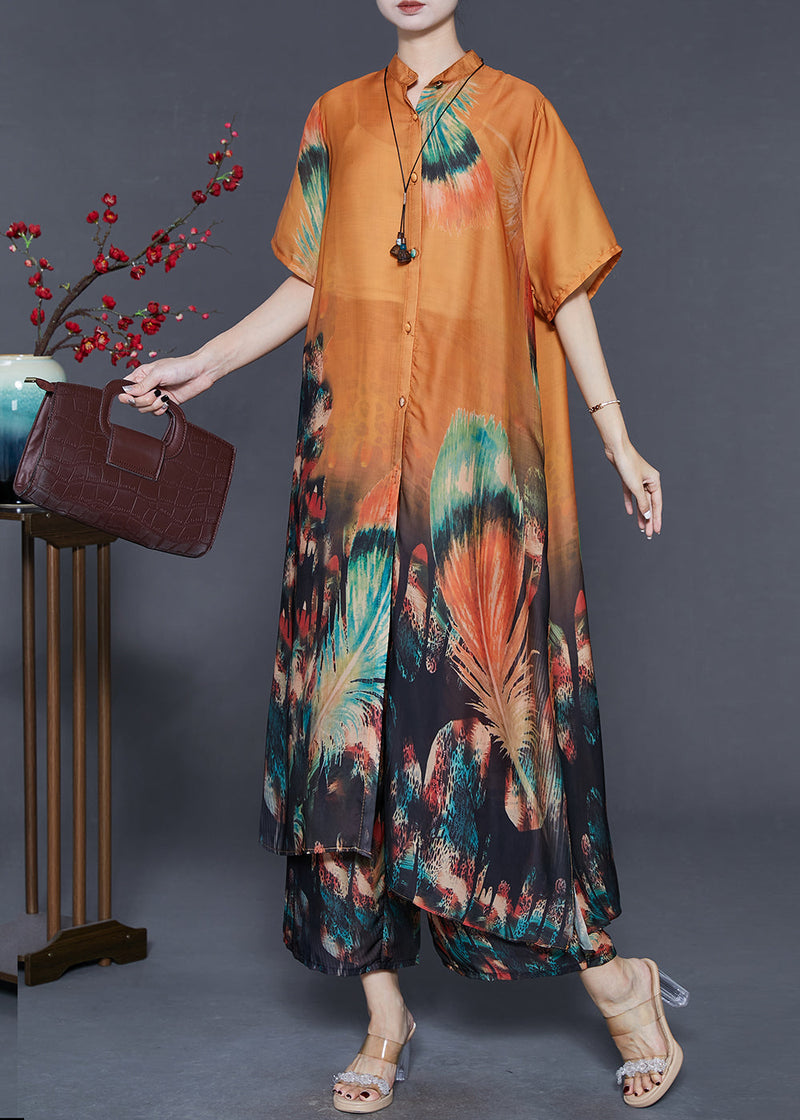Style Orange Oversized Print Silk Two-piece Set Summer