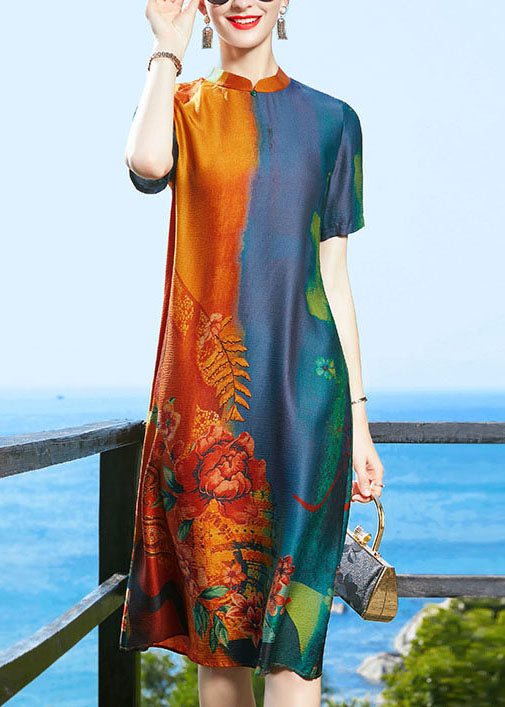 Colorblock Mandarin Collar Print Silk Cheongsam Dress Short Sleeve