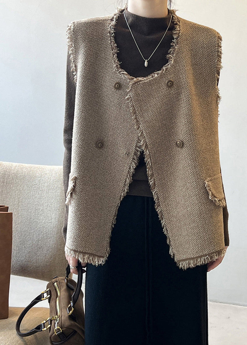 Coffee Knit Vest Tops Tasseled U Neck Sleeveless