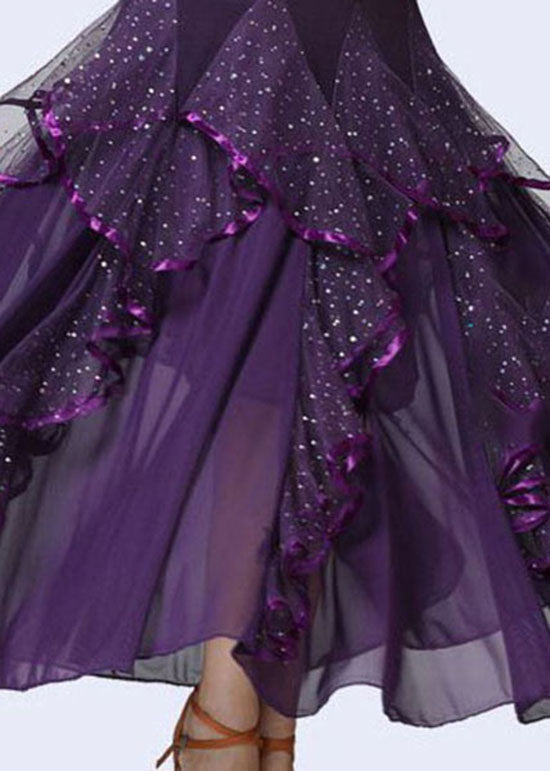 Purple Wrinkled Tulle Patchwork Sequins Cotton Skirts Summer