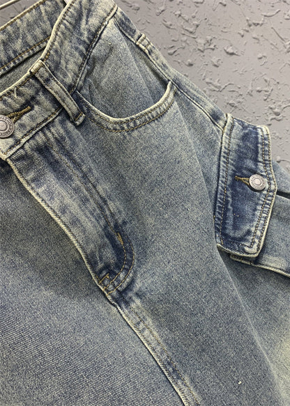 Light Blue Tasseled Pockets Patchwork Denim Skirt Spring