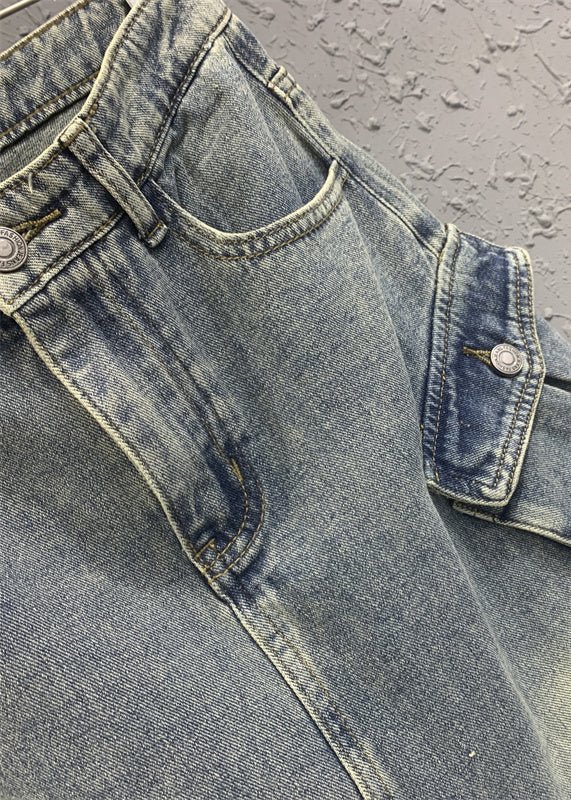 Light Blue Tasseled Pockets Patchwork Denim Skirt Spring