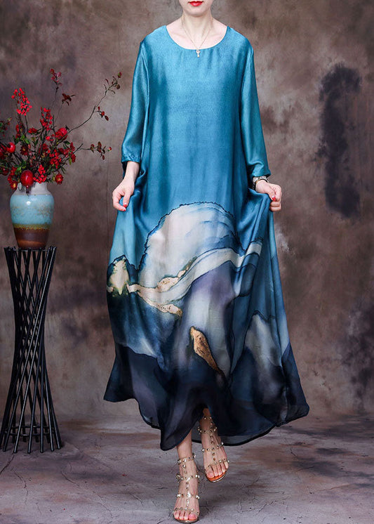 Blue O-neck Layered Design Print Silk Dresses for Bracelet Sleeve