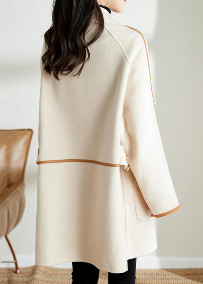 White Lapel Patchwork Pu Woolen Trench Coat Fall