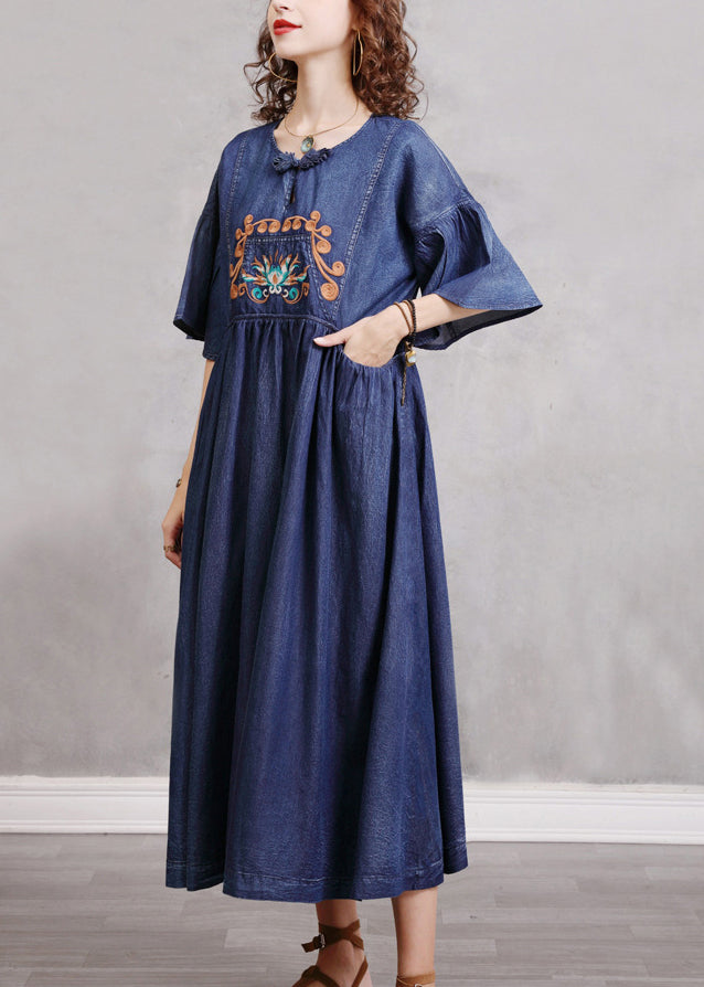 Stylish Blue O-neck Cinched Embroideried Cotton Denim Dresses Butterfly Sleeve