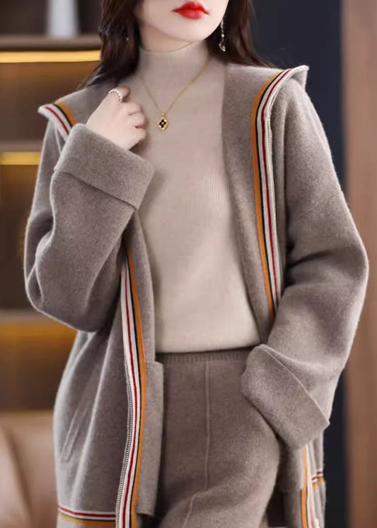 Camel Pockets Cashmere Hooded Cardigans Fall