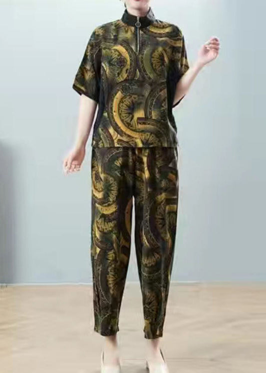 Green Print Shirt and Harem Pants Two Pieces Set Half Sleeve