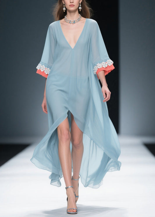 New Blue Low High Design Patchwork Chiffon Dresses Bracelet Sleeve