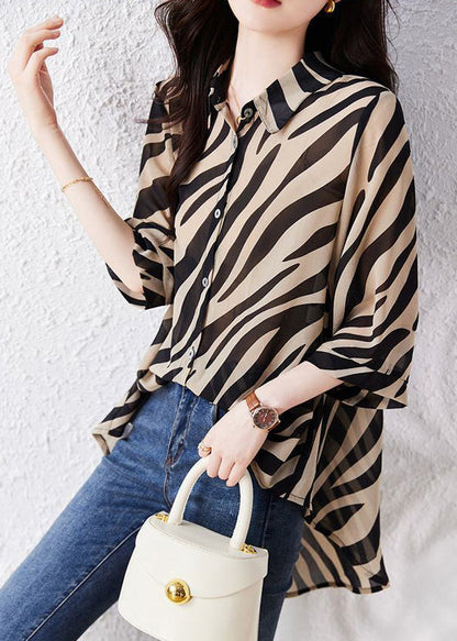 Brown Oversized Striped Chiffon Shirt Top Summer