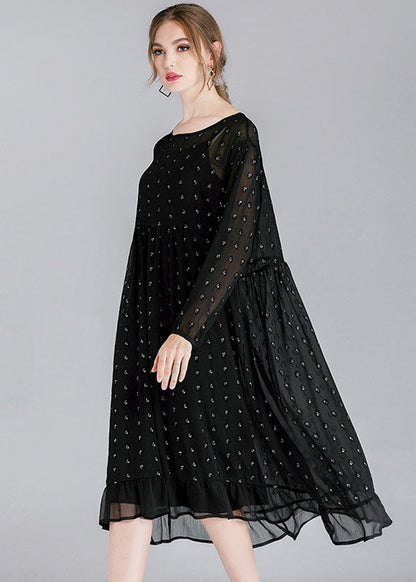 French Black O-neck Patchwork Ruffled Chiffon Dress Two Pieces Set Spring