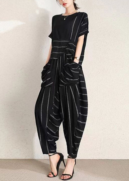 Black O-neck Wrinkled Striped Cotton Two-piece Set Summer