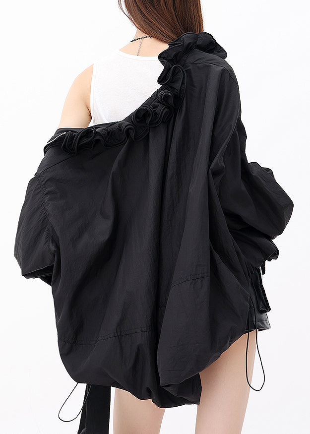 Black Ruffled Zip Up Drawstring Jacket Fall