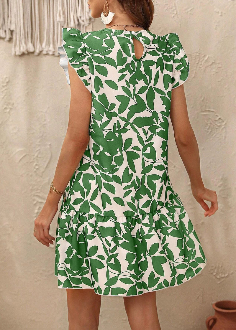 Rose O Neck Print Cotton Mid Dress Butterfly Sleeve