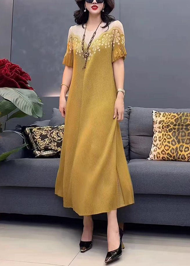 Stylish Yellow O-neck Print Cotton Long Dress Summer