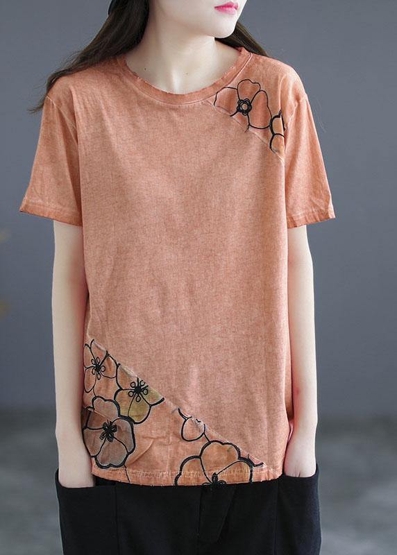 Blue O-neck Patchwork Print Summer Cotton Tees Short Sleeve