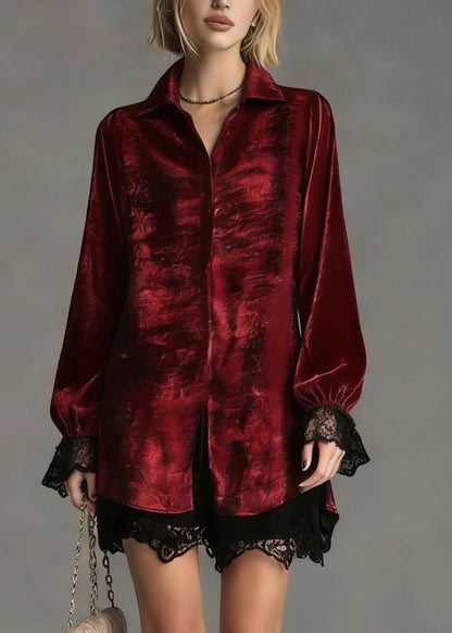 Red Peter Pan Collar Lace Patchwork Silk Shirt Top Spring