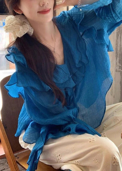 Blue Tops V Neck Asymmetrical Patchwork Fall