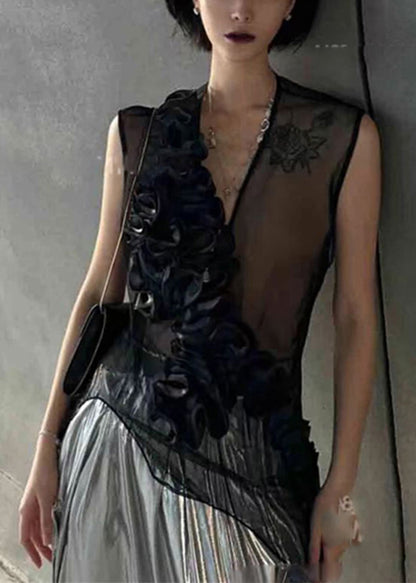 Black V Neck Ruffled Original Design Tulle Top Sleeveless