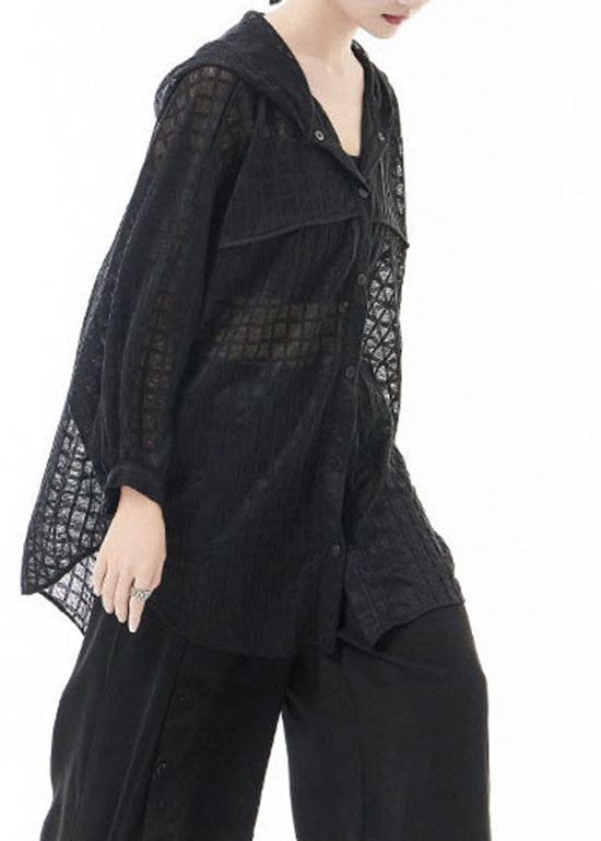 Loose Black Hollow Out Hooded Tulle Blouse Tops Batwing Sleeve